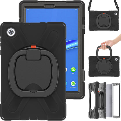 Black protective tablet case with front screen cover, circular grip, and shoulder strap