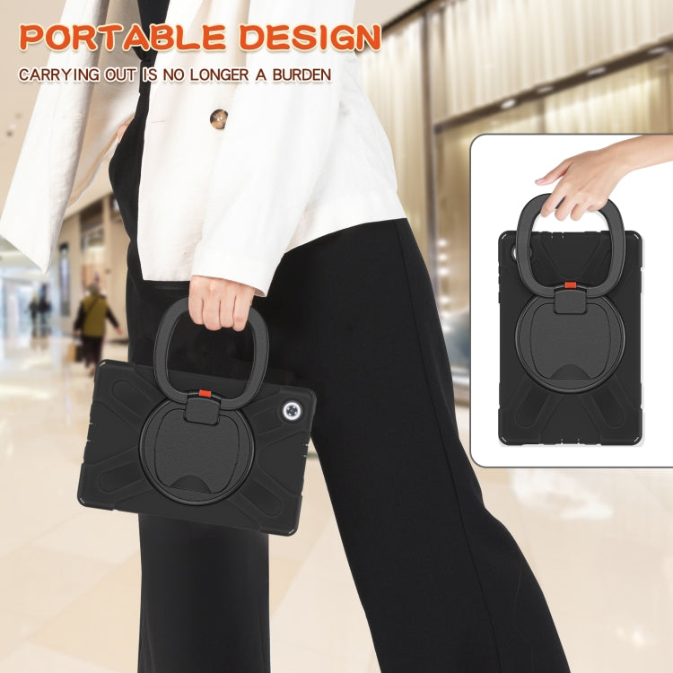 Black tablet case with portable handle and shoulder strap for carrying