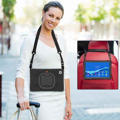 Black tablet case worn with shoulder strap; front handle grip visible