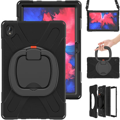 Black rugged tablet case with front circular grip and shoulder strap accessory
