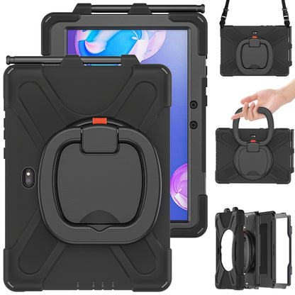 Black protective tablet case with large circular grip and shoulder strap