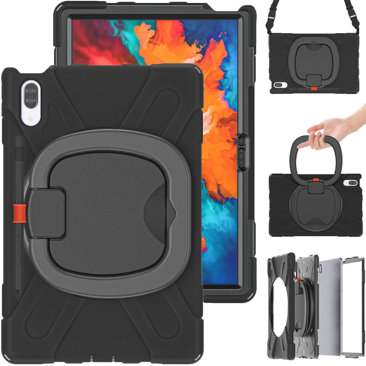 Black protective tablet case with front cover, built-in holder ring, and shoulder strap