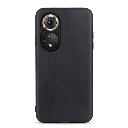 Black leather-texture phone case with dual camera cutout and raised edges