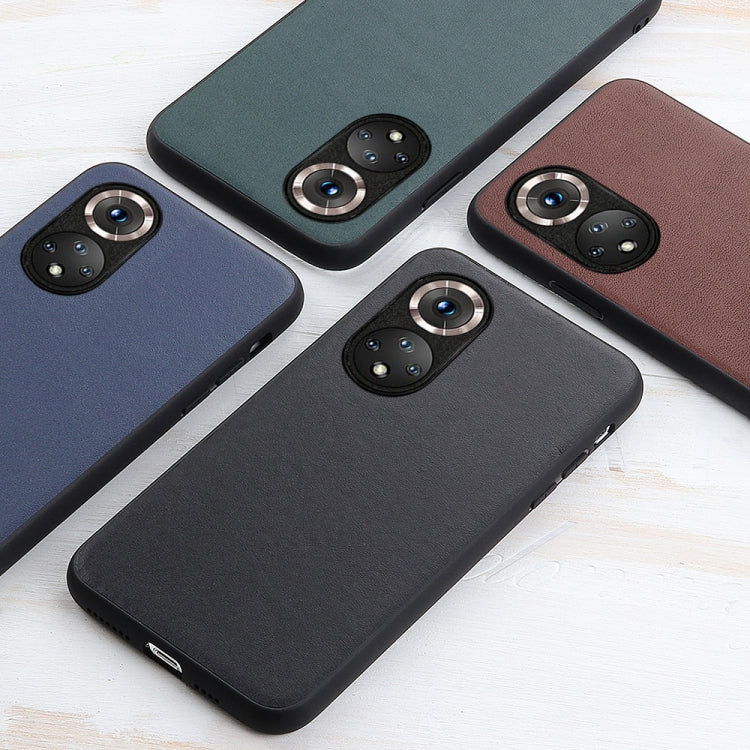 Set of leather-texture phone cases in black, blue, and brown with camera openings
