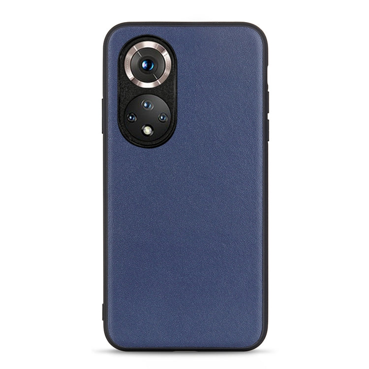 Blue leather-texture shockproof phone case with dual camera opening and side controls