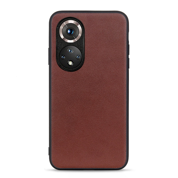 Brown leather shockproof phone case with dual camera cutouts and protective bezel