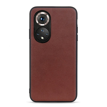 Brown leather shockproof phone case with dual camera cutouts and protective bezel