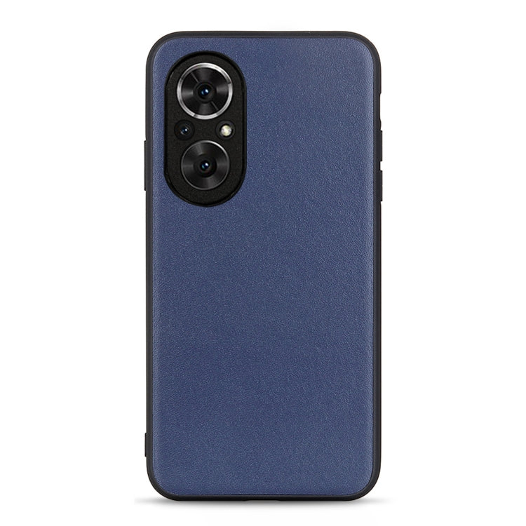 Blue leather shockproof phone case with raised camera cutout and side grip edges