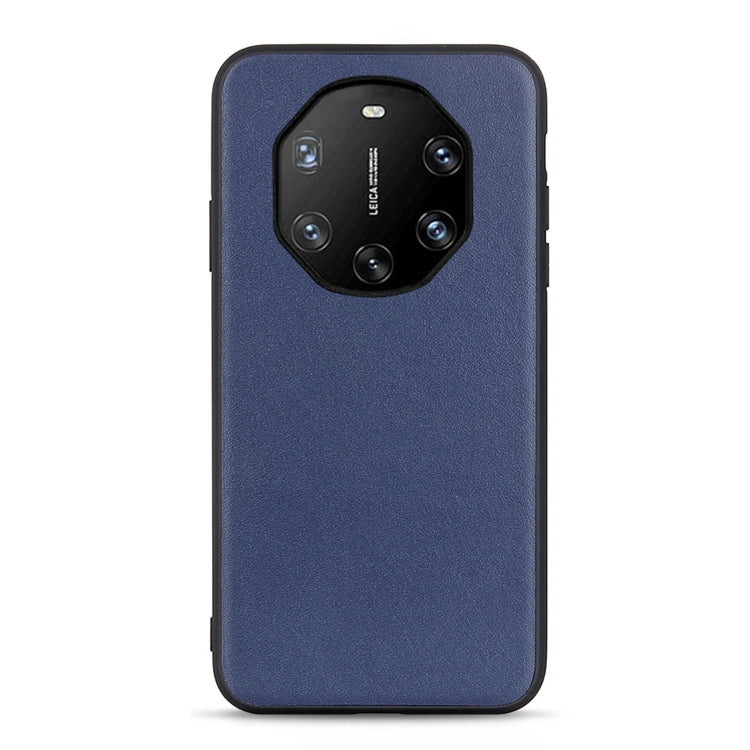 Blue leather shockproof phone case with large back camera opening and protective rim