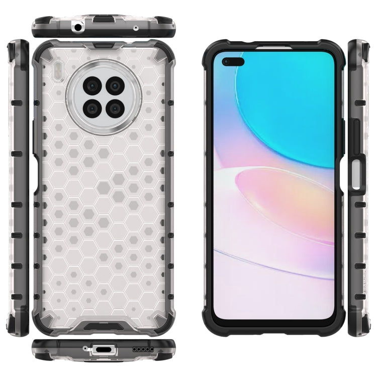 White honeycomb protective phone case, front and back views, TPU edges and camera cutouts.
