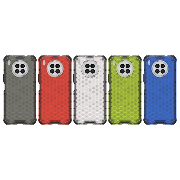 Five honeycomb protective phone cases in gray, red, white, green, and blue with camera cutouts.