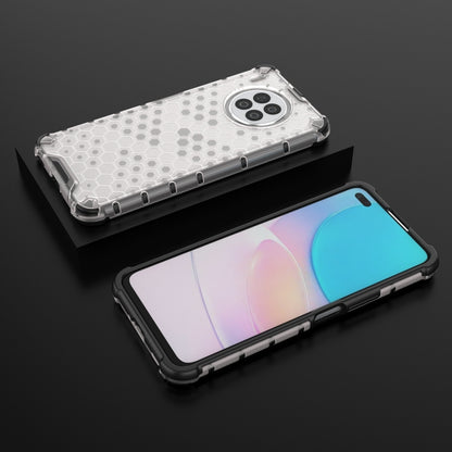 White shockproof honeycomb phone case with clear TPU edges and raised camera bump.
