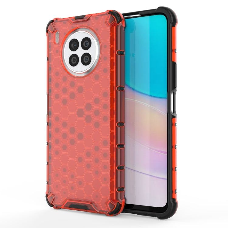 Red honeycomb shockproof phone case with orange accents, raised corners and camera cutouts.