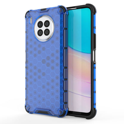 Blue honeycomb shockproof phone case with TPU bumper, raised corners and camera cutouts.