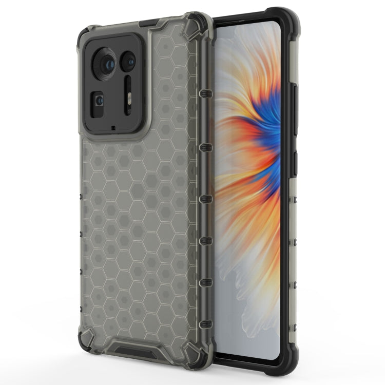 Shockproof honeycomb PC and TPU protective phone case with dark gray hex pattern