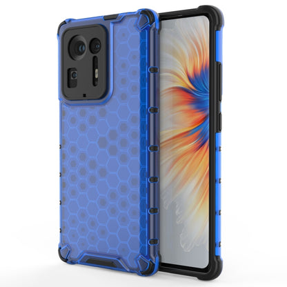 Shockproof honeycomb PC and TPU protective phone case with blue hex pattern and black trim