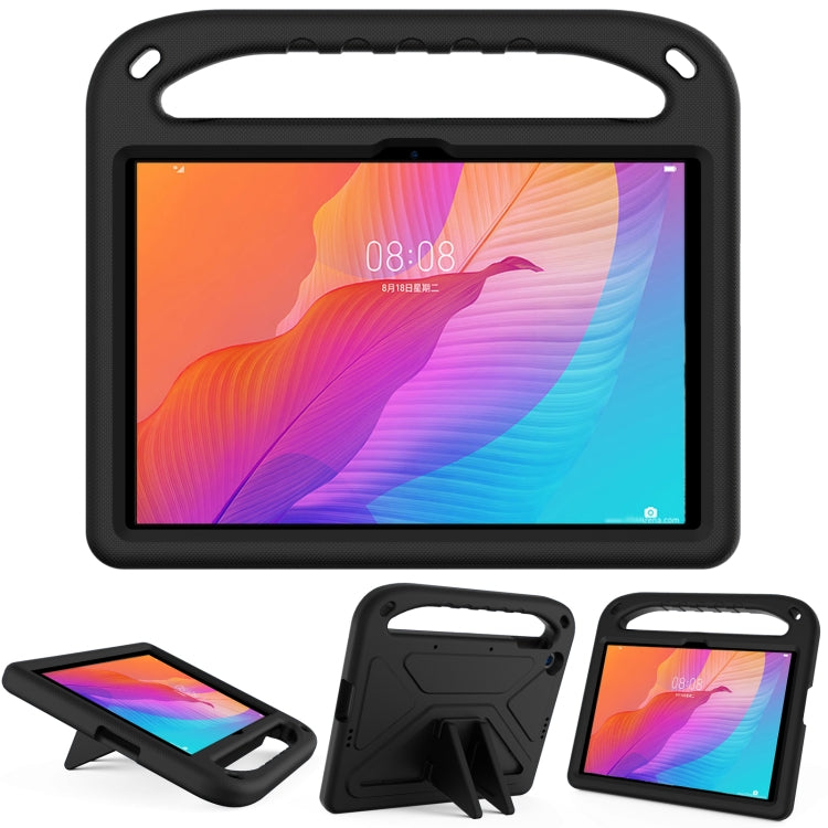Black shockproof tablet protective case with carry handle and triangle kickstand.
