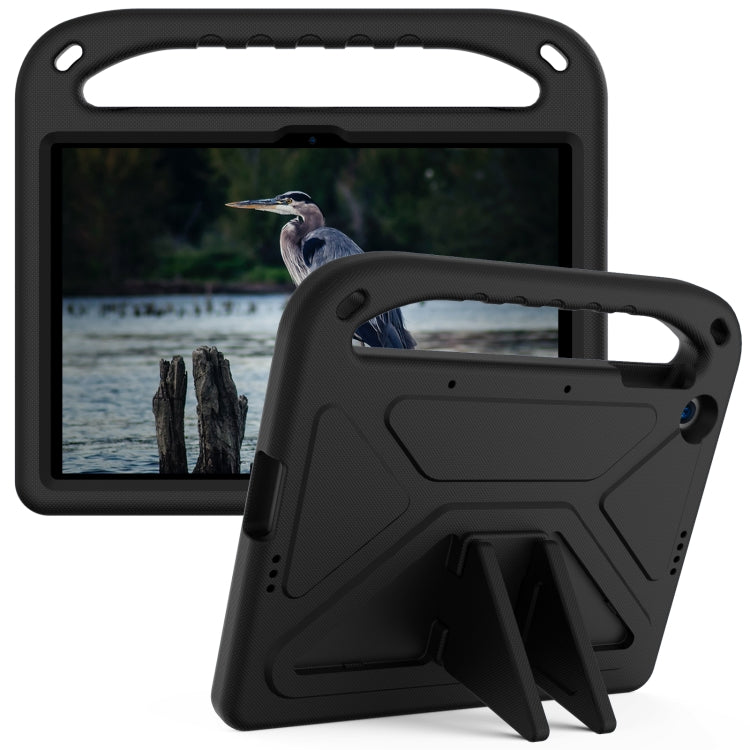 Black shockproof tablet case with triangle kickstand, handle grip, and camera cutout.
