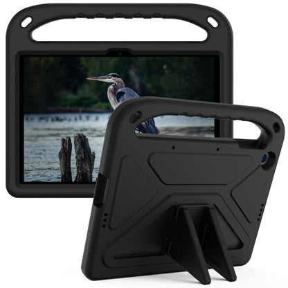 Black shockproof tablet case with triangle kickstand, handle grip, and camera cutout.