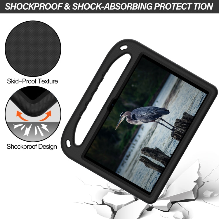 Black shockproof tablet case with textured grip, handle loop, and triangle stand.