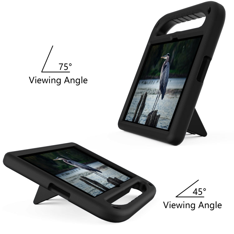 Black shockproof tablet case with triangle kickstand for two viewing angles; handle loop.