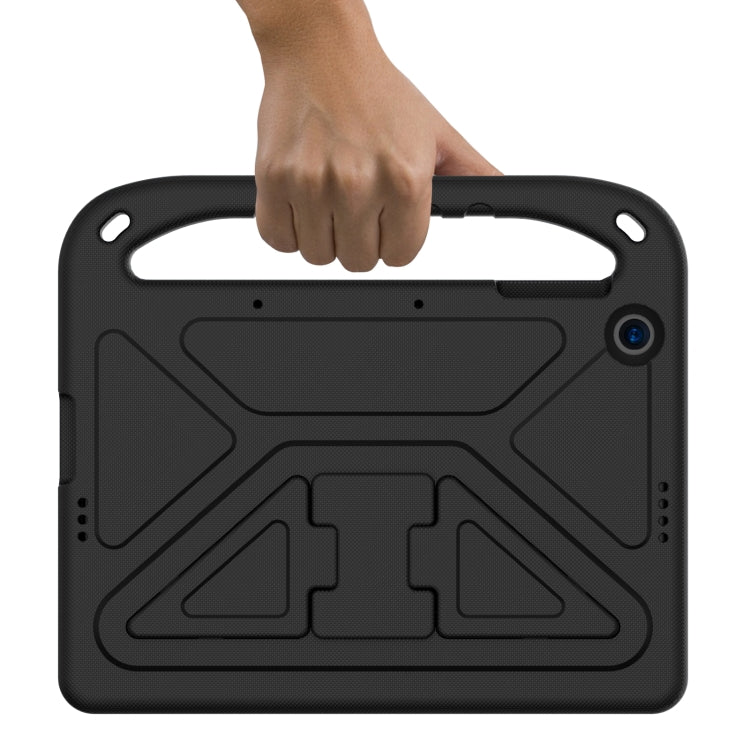 Black shockproof tablet case back shell with handle loop and port/cutout openings.