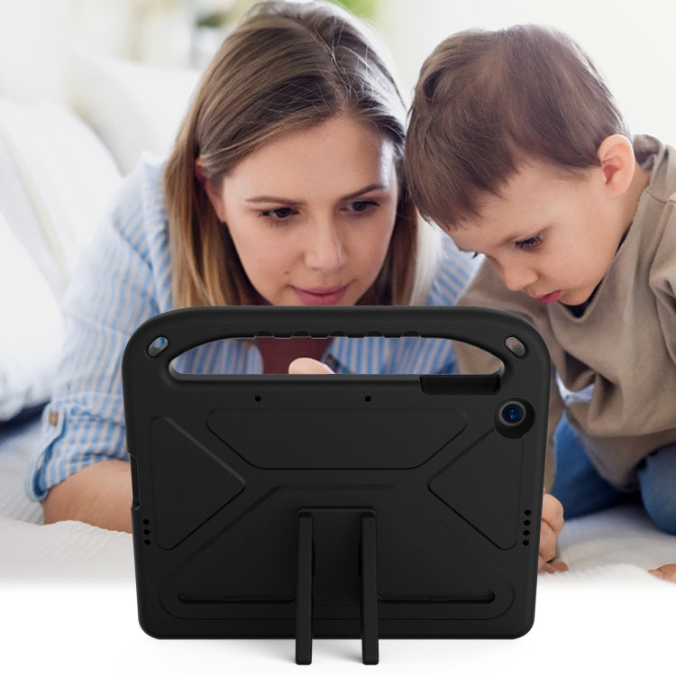 Black shockproof tablet protective case with triangle stand and carry handle.