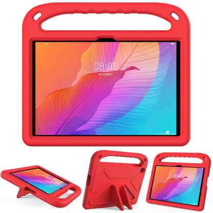Red shockproof tablet protective case with carry handle and triangle kickstand.