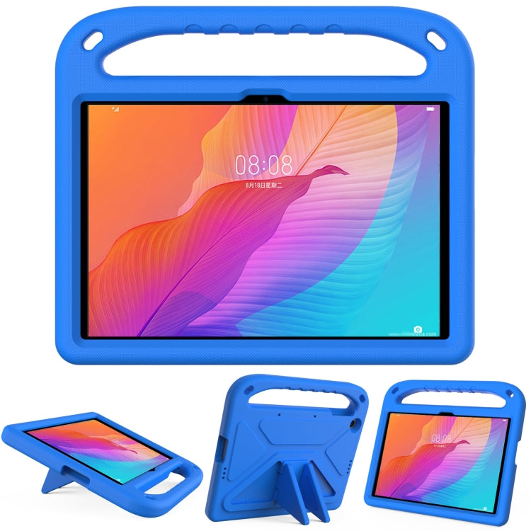 Blue shockproof tablet protective case with carry handle and triangle kickstand.