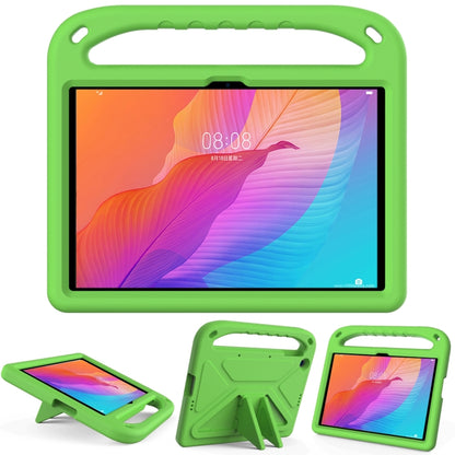 Green shockproof tablet protective case with carry handle and triangle kickstand.