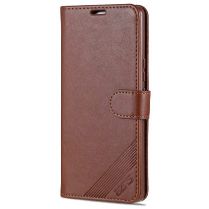 Brown sheepskin-textured flip leather wallet case with snap strap and card slots