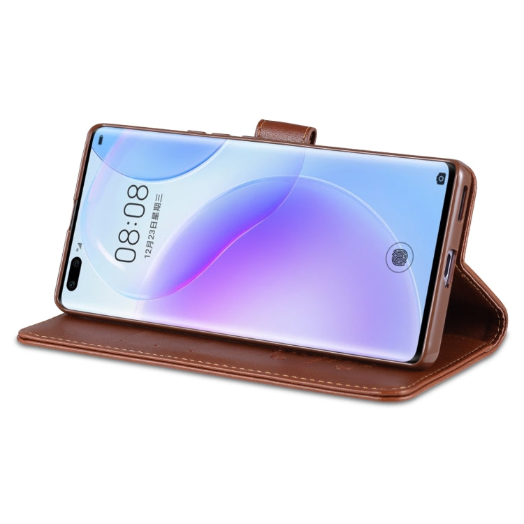 Brown flip leather wallet case with stand position for phone; card holder visible