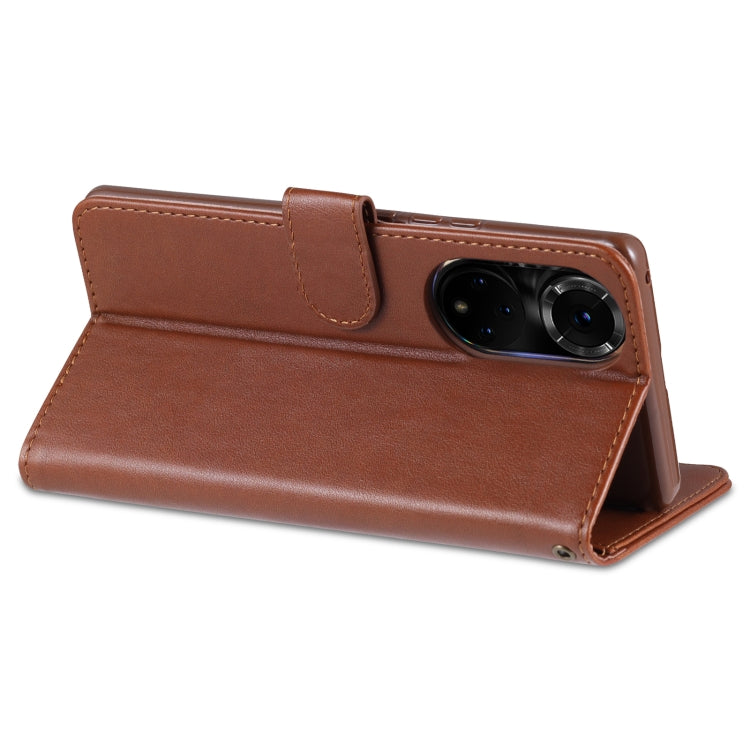 Brown horizontal flip leather wallet case with camera opening and fold-out stand