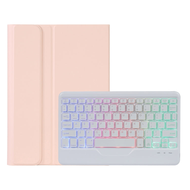 Blush pink tablet keyboard case with tri-color backlit keys and folio cover