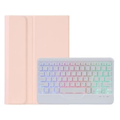 Blush pink tablet keyboard case with tri-color backlit keys and folio cover