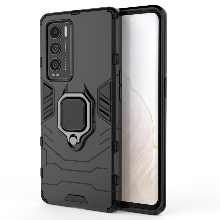 Rugged black phone case with PC+TPU armor and built-in magnetic ring holder