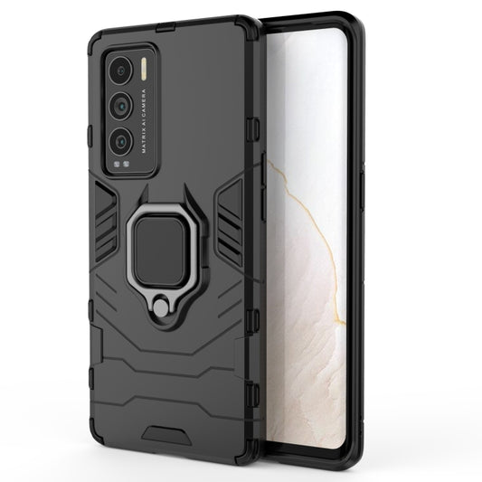Rugged black phone case with PC+TPU armor and built-in magnetic ring holder