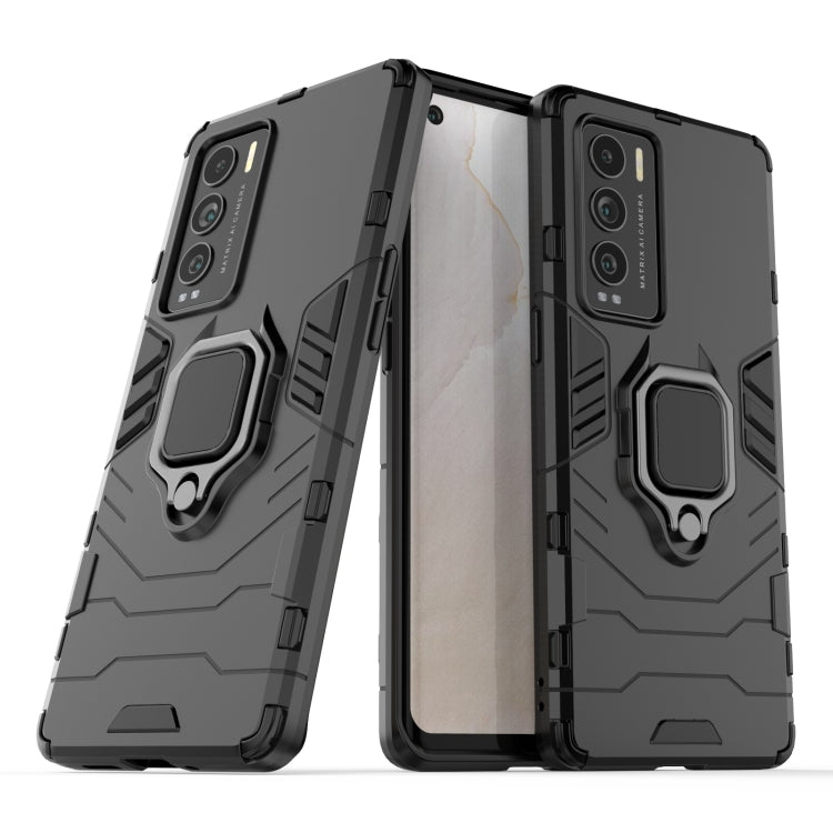 Rugged black protective phone case with magnetic ring holder, raised corner bumpers