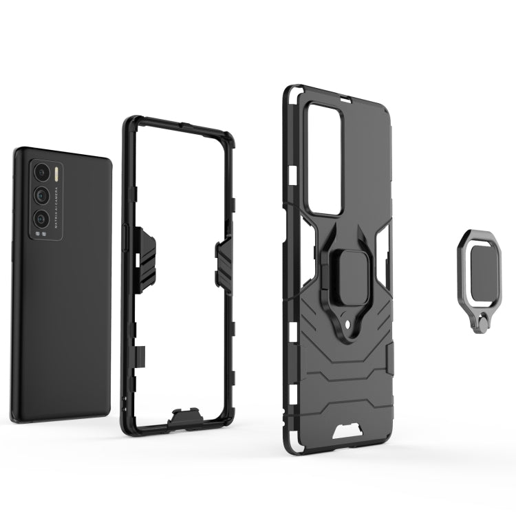 Black rugged phone case with magnetic ring holder; back and open frame views shown