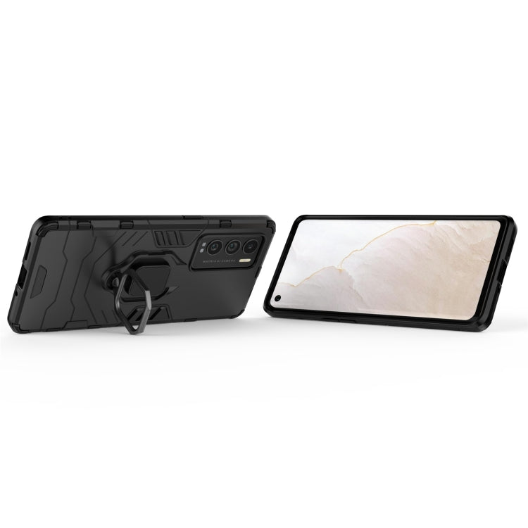 Rugged black phone case with magnetic ring holder; side view and front cover shown