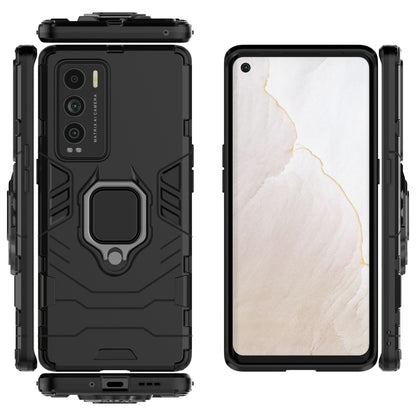 Rugged black phone case with magnetic ring holder; front and back with cutouts