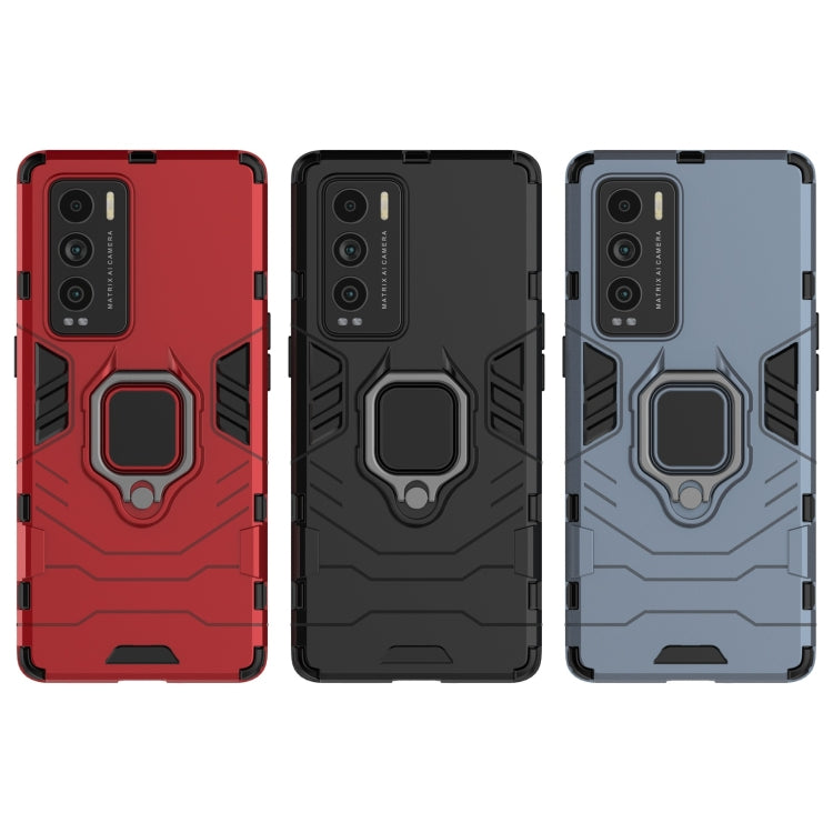 Rugged protective phone case set: red, black, and navy blue with magnetic ring holder