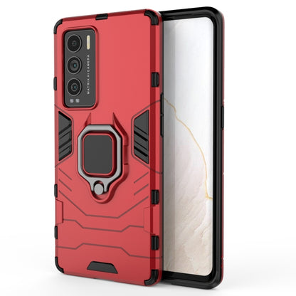 Red shockproof phone case with magnetic ring holder, rugged TPU/PC armor, raised edges