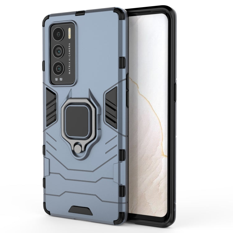 Light blue/gray shockproof phone case with magnetic ring holder, rugged TPU/PC armor, edges