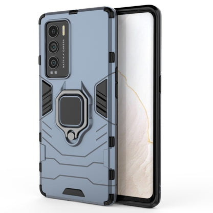 Light blue/gray shockproof phone case with magnetic ring holder, rugged TPU/PC armor, edges