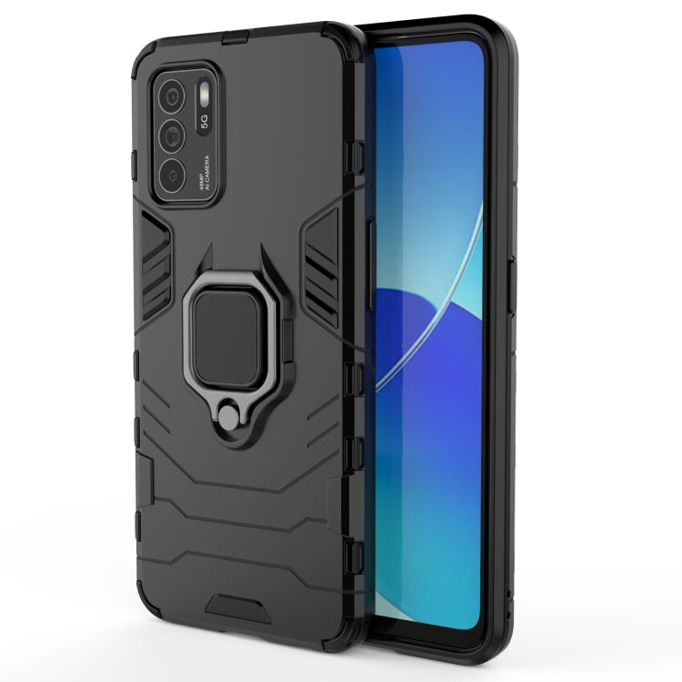 Rugged black phone case with magnetic ring holder and raised edges for screen protection