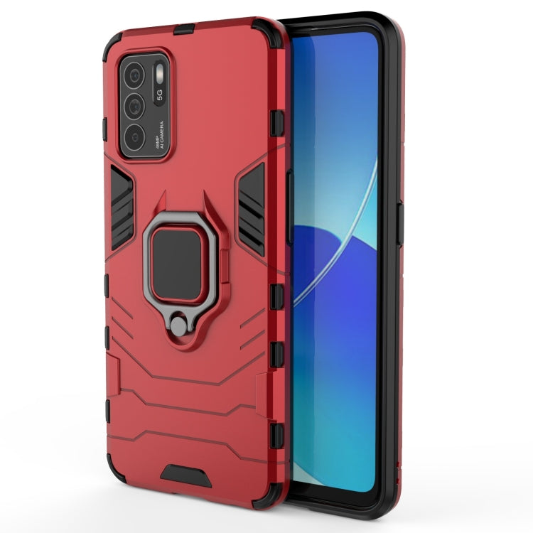 Red rugged shockproof phone case with magnetic ring holder, side grips, raised corners