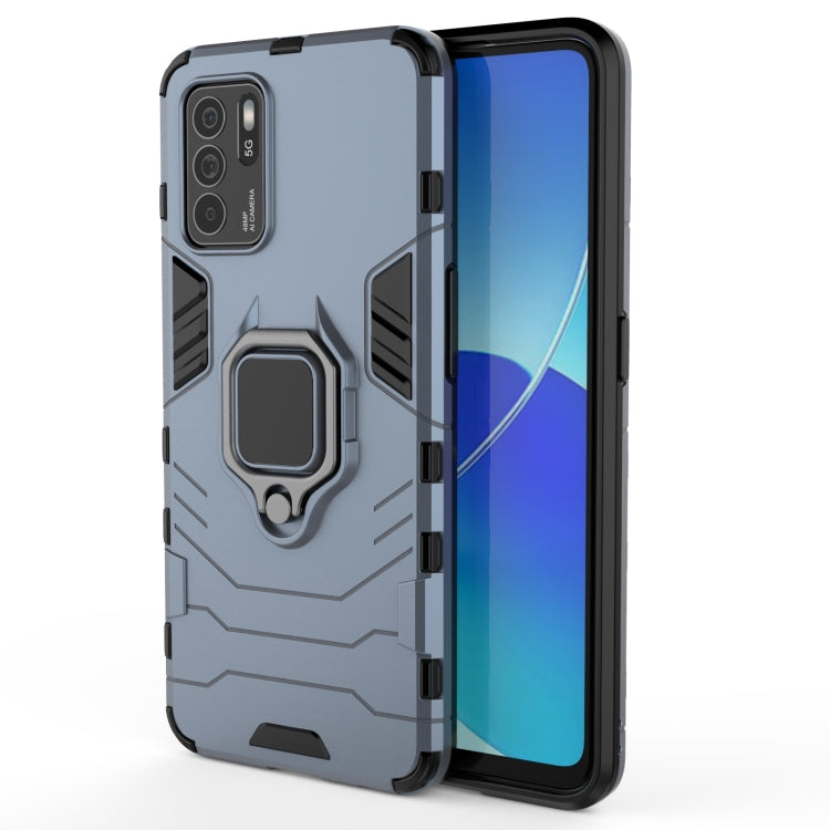 Light blue/gray rugged shockproof phone case with magnetic ring holder, side grips, raised corners