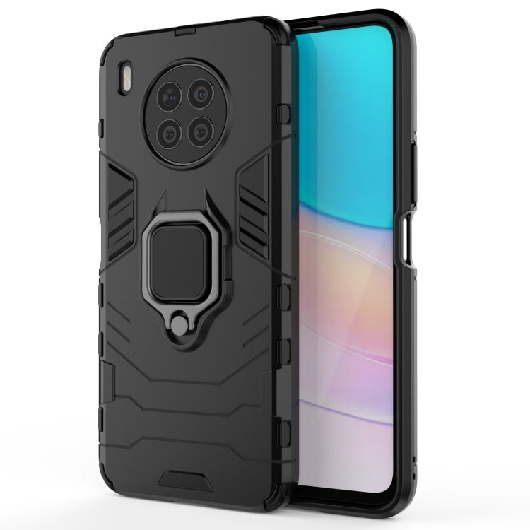 Rugged black phone case with magnetic ring holder; front view through window cutout