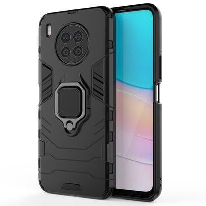 Rugged black phone case with magnetic ring holder; front view through window cutout